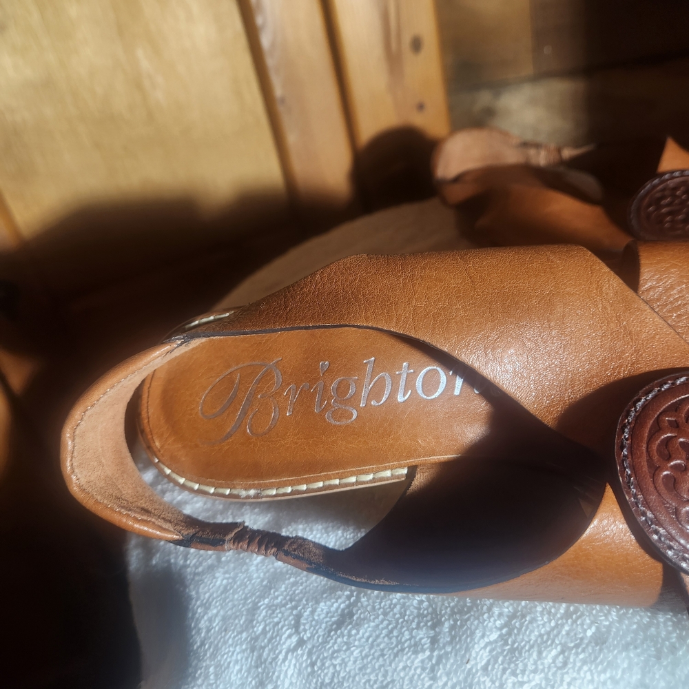 Brighton Nicole X Band Sling Leather Sandals In Cognac Size 8M- Made In Brazil - Picture 8 of 10